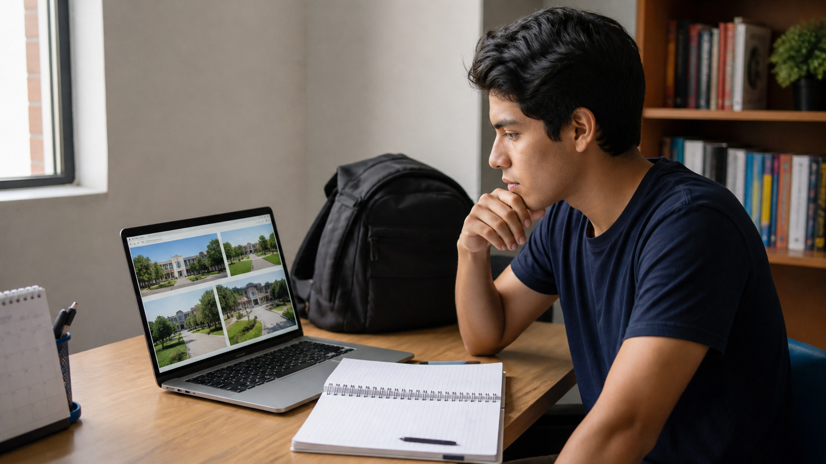 Estudiante revisando opciones universitarias en una computadora con una libreta de requisitos y fechas.